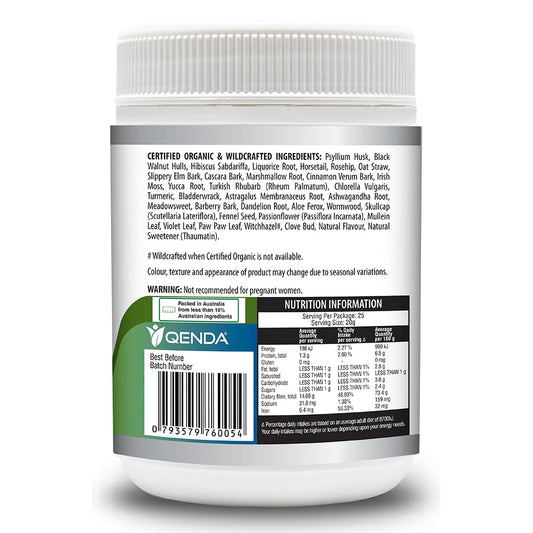 Supplement bottle label with certification and nutritional information on a white background