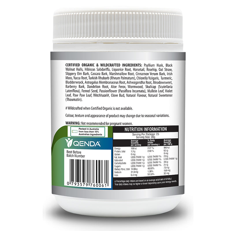 Back label of a supplement container with certification and nutrition information on a white background