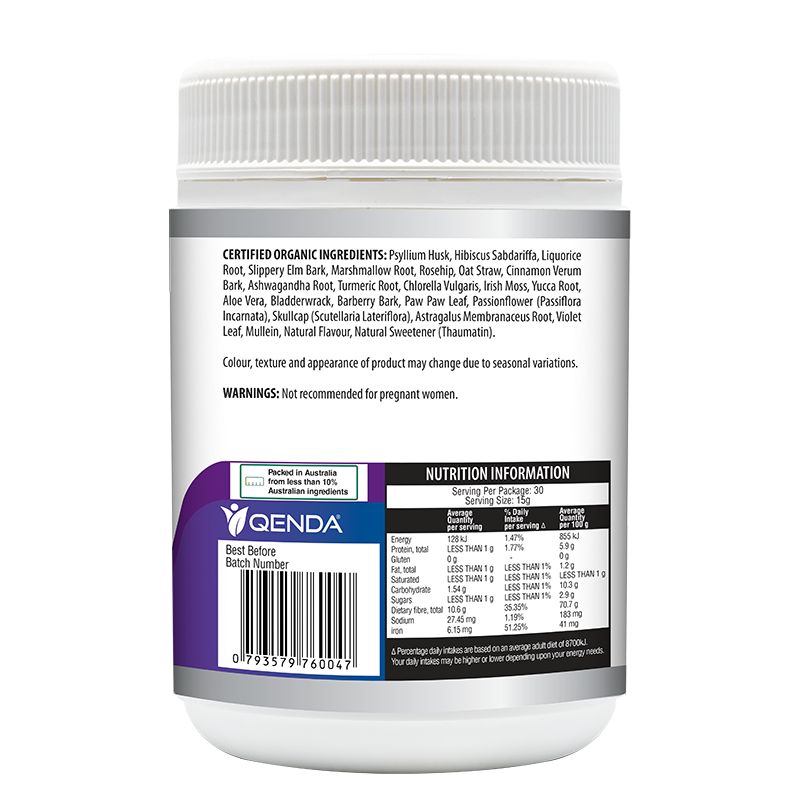 Back label of a supplement container with certification and nutrition information on a white background