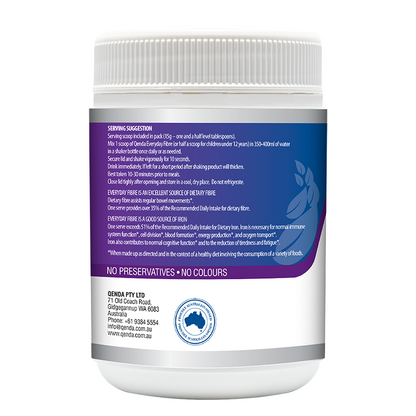 Back view of a white supplement container with blue label on a white background