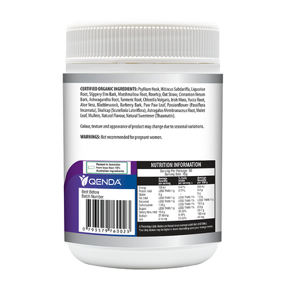 Supplement container with label showing ingredients and nutrition information on a white background