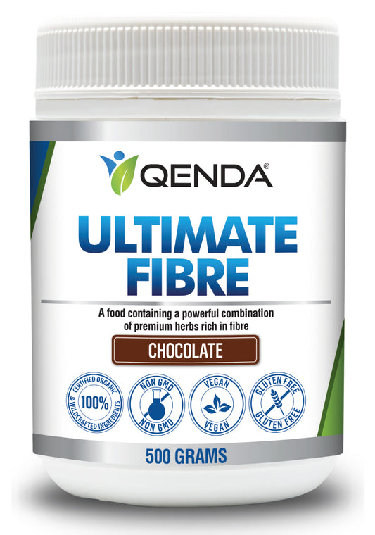 Qenda Ultimate Fibre supplement container on a white background