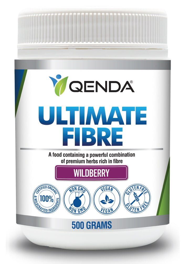 Qenda Ultimate Fibre supplement container on a white background