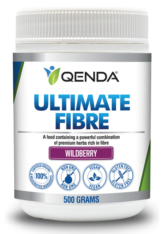 Qenda Ultimate Fibre supplement container on a white background