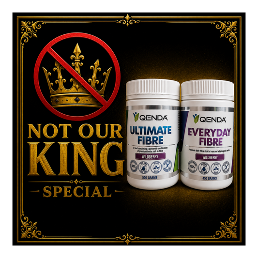 Two Qenda fibre supplement containers with decorative text and logo on a dark background