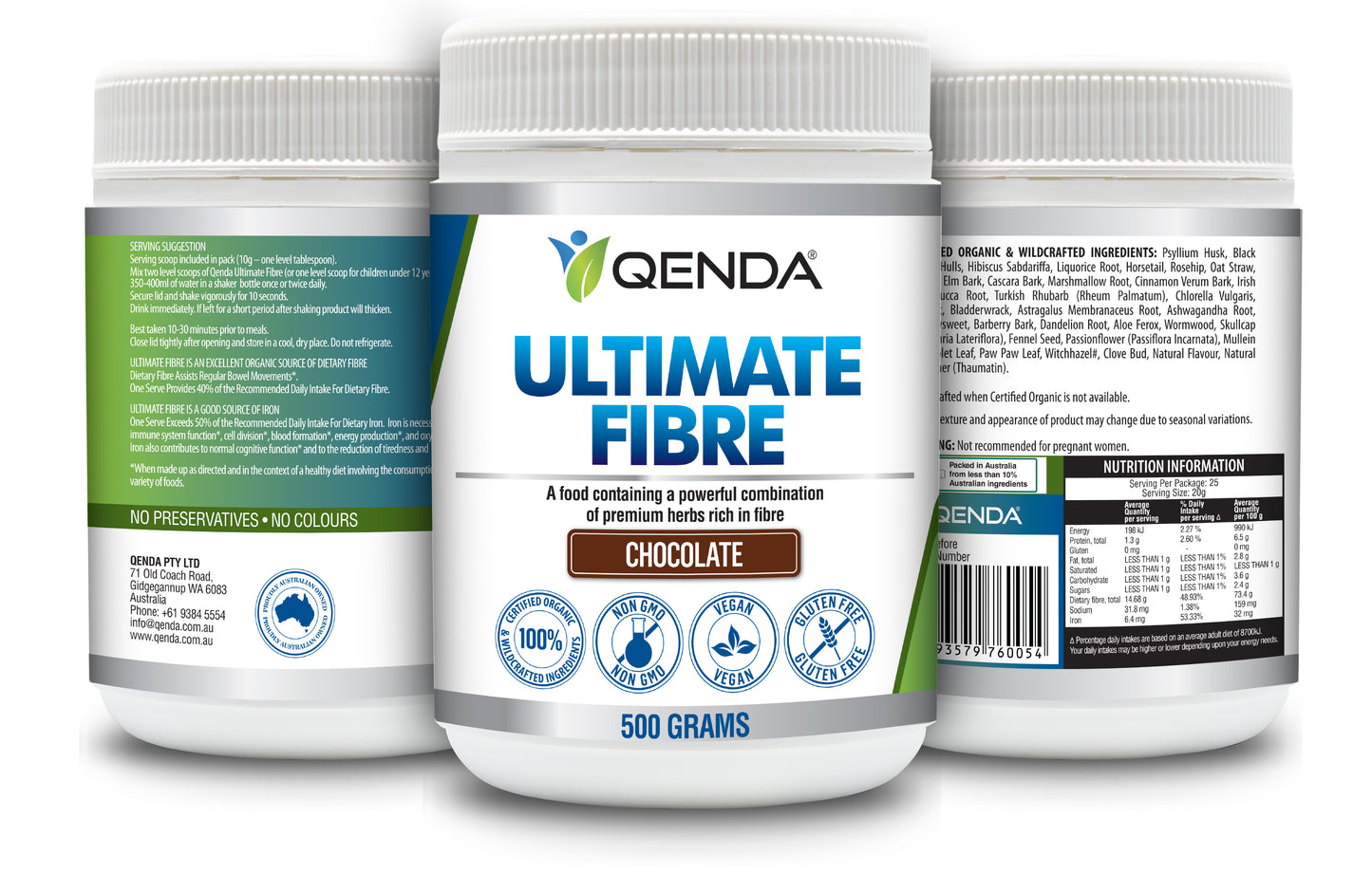 Qenda Ultimate Fibre supplement containers with labels on a white background