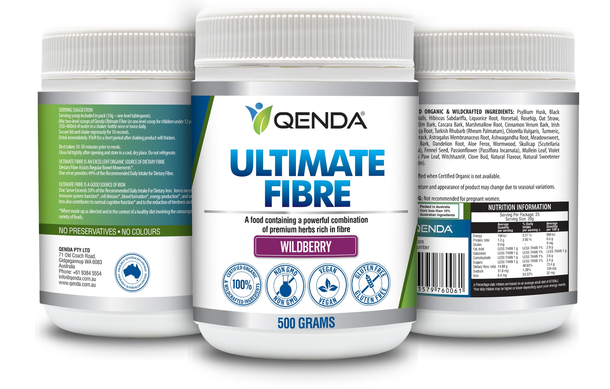 Qenda Ultimate Fibre supplement containers with labels on a white background