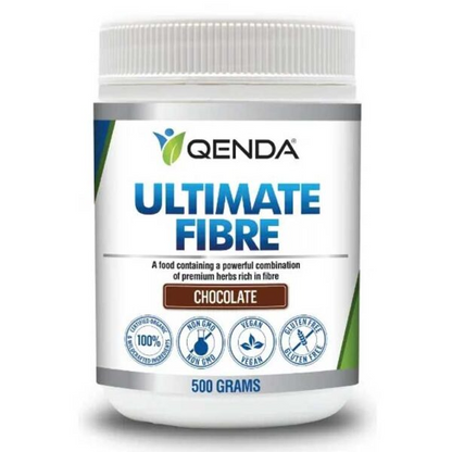 Qenda Ultimate Fibre Chocolate supplement container on a white background