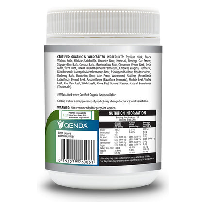 Back label of a supplement container with certification and nutrition information on a white background