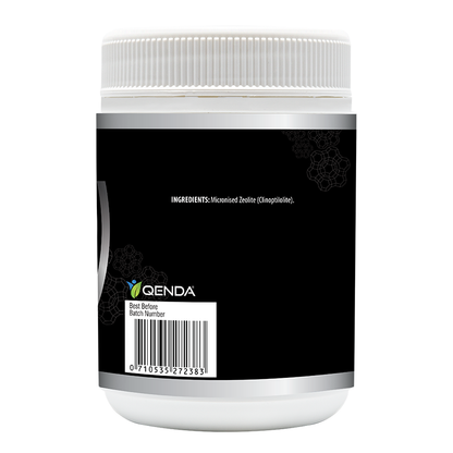 White container with black ingredients label featuring 'Qenda' branding on a white background